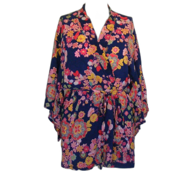 JOSIE Natori Kimono Robe, M, Blue, Multicolor floral, Short, Sash belt, Rayon - Picture 8 of 13